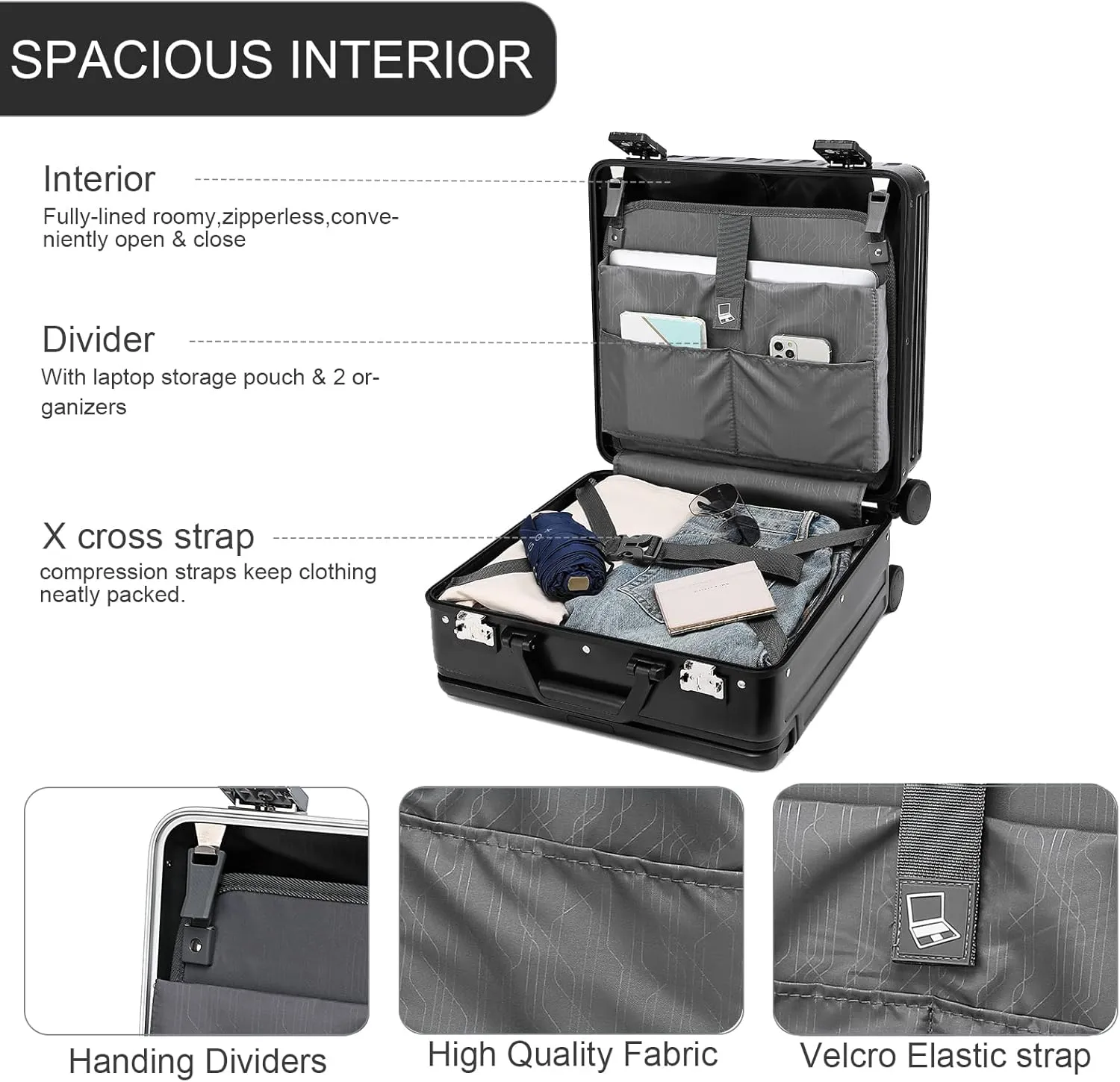 Somago Aluminum Frame 18" Carry On Luggage Wide Handle Suitcase Built-In Double TSA Lock Hardside Lightweight PC Travel Suitcase with Spinner Wheels, Black