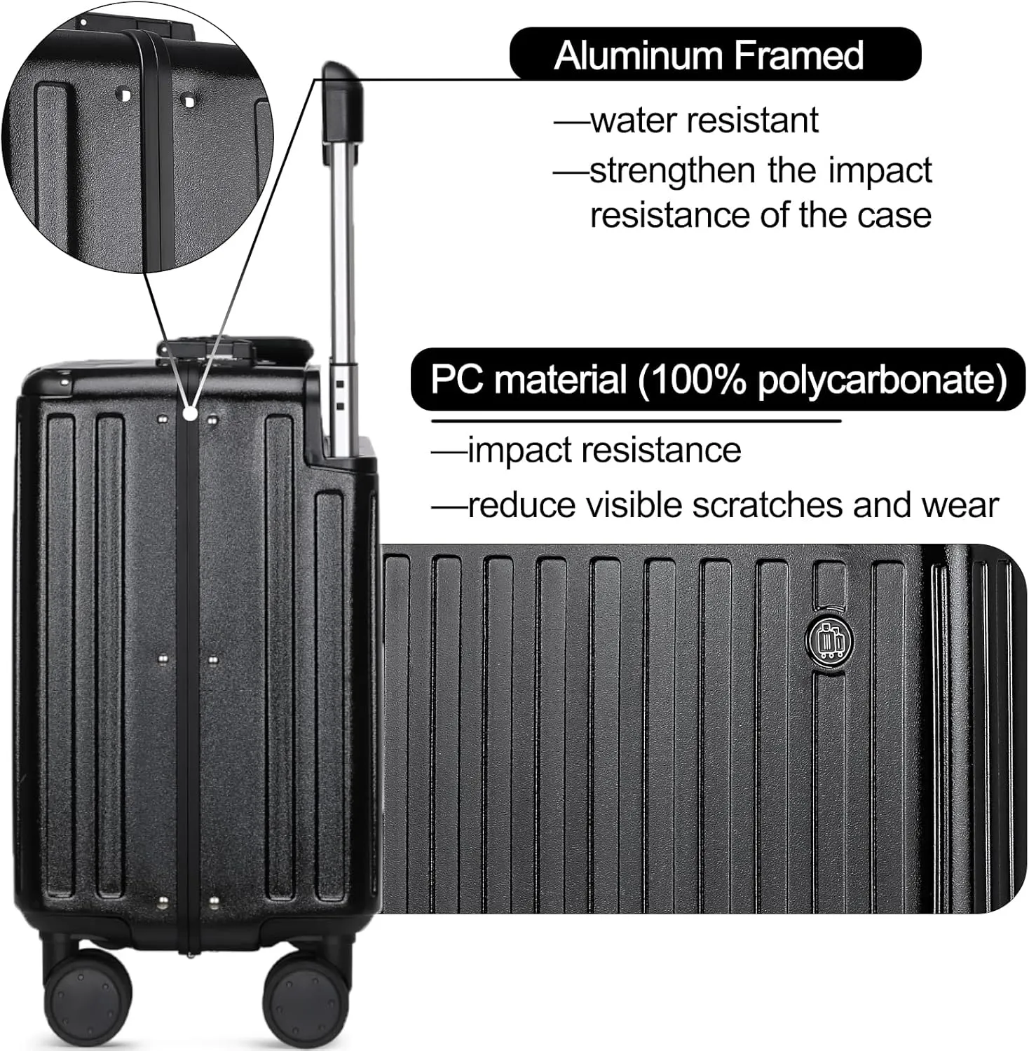 Somago Aluminum Frame 18" Carry On Luggage Wide Handle Suitcase Built-In Double TSA Lock Hardside Lightweight PC Travel Suitcase with Spinner Wheels, Black