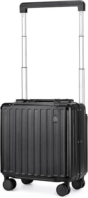 Somago Aluminum Frame 18" Carry On Luggage Wide Handle Suitcase Built-In Double TSA Lock Hardside Lightweight PC Travel Suitcase with Spinner Wheels, Black