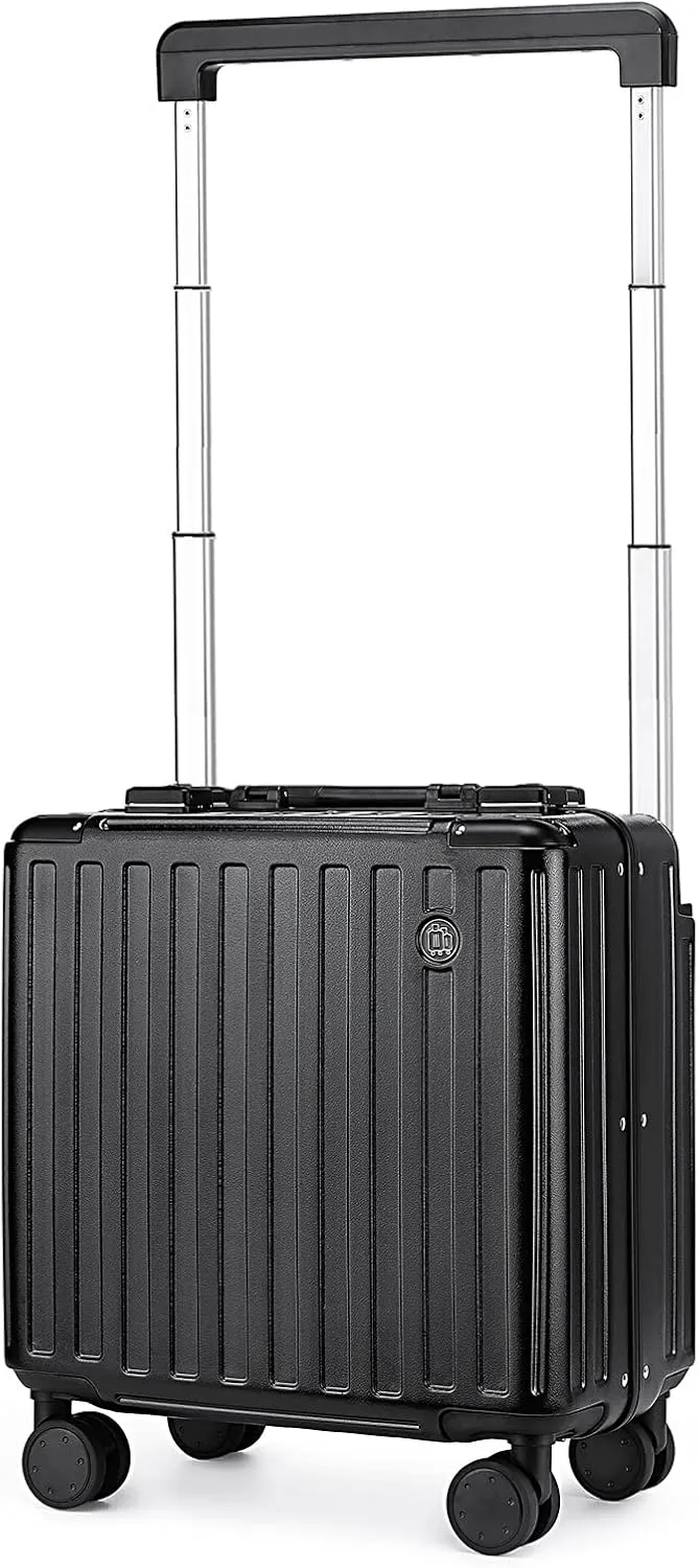 Somago Aluminum Frame 18" Carry On Luggage Wide Handle Suitcase Built-In Double TSA Lock Hardside Lightweight PC Travel Suitcase with Spinner Wheels, Black