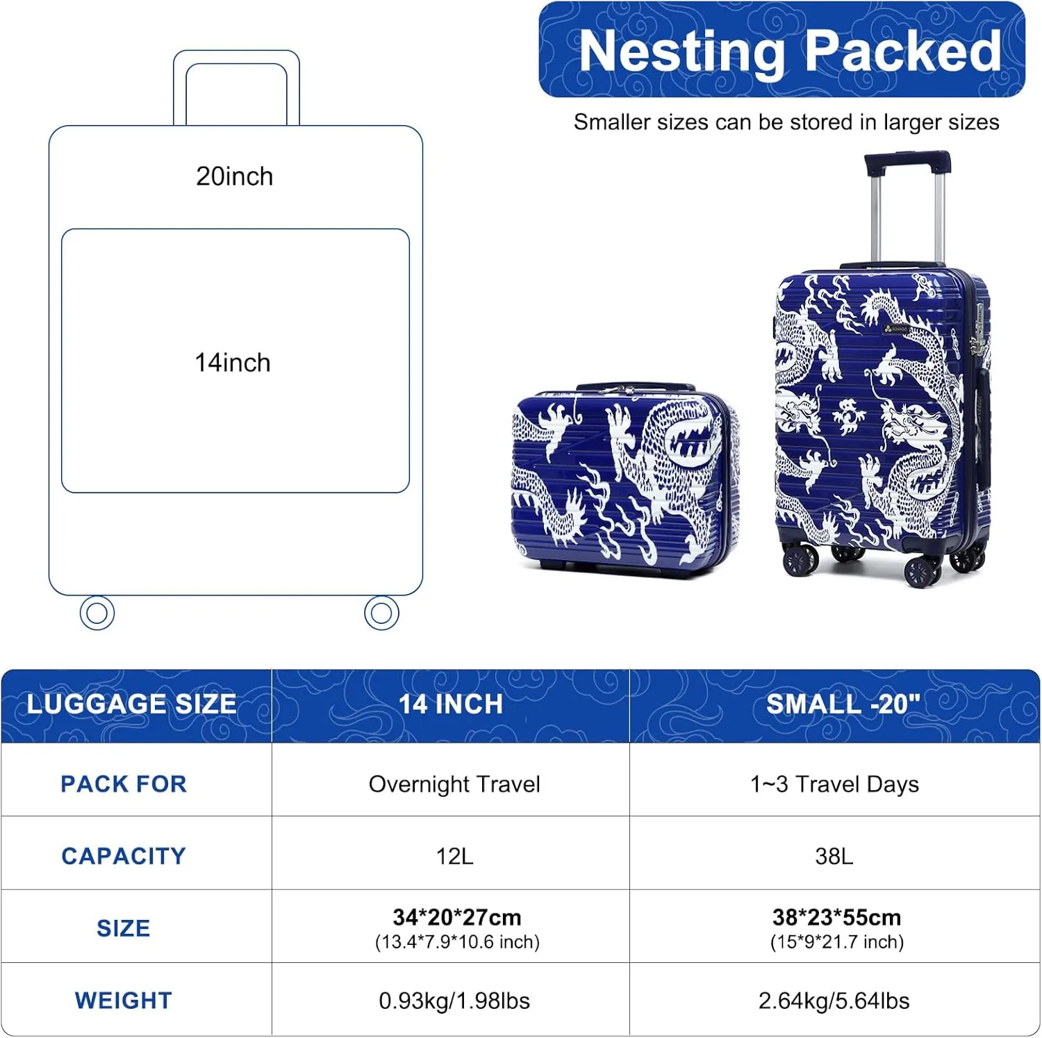 Somago Carry on 2 Piece Luggage Set 20 inch Airline Approved 100% PC Hardside Lightweight Travel Suitcase with Wheels TSA Lock YKK Zippers Loong Cultural Design(14"/20", Loong Navy)