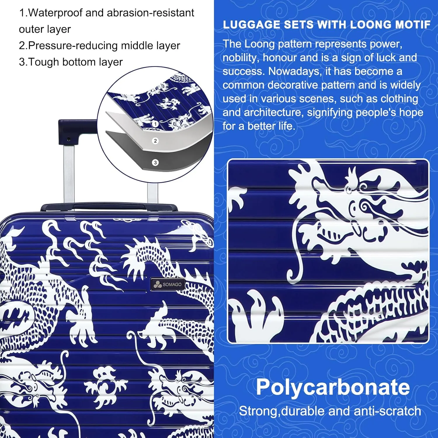 Somago Carry on 2 Piece Luggage Set 20 inch Airline Approved 100% PC Hardside Lightweight Travel Suitcase with Wheels TSA Lock YKK Zippers Loong Cultural Design(14"/20", Loong Navy)