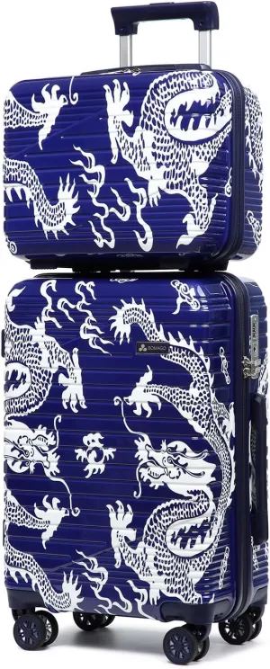 Somago Carry on 2 Piece Luggage Set 20 inch Airline Approved 100% PC Hardside Lightweight Travel Suitcase with Wheels TSA Lock YKK Zippers Loong Cultural Design(14"/20", Loong Navy)