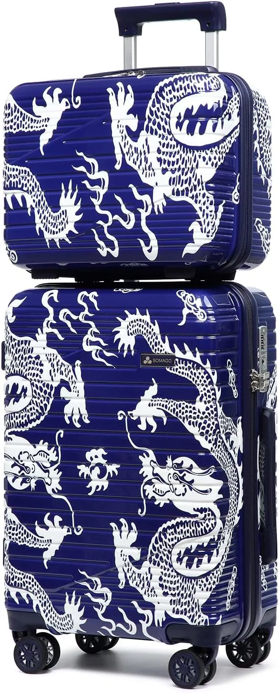 Somago Carry on 2 Piece Luggage Set 20 inch Airline Approved 100% PC Hardside Lightweight Travel Suitcase with Wheels TSA Lock YKK Zippers Loong Cultural Design(14"/20", Loong Navy)