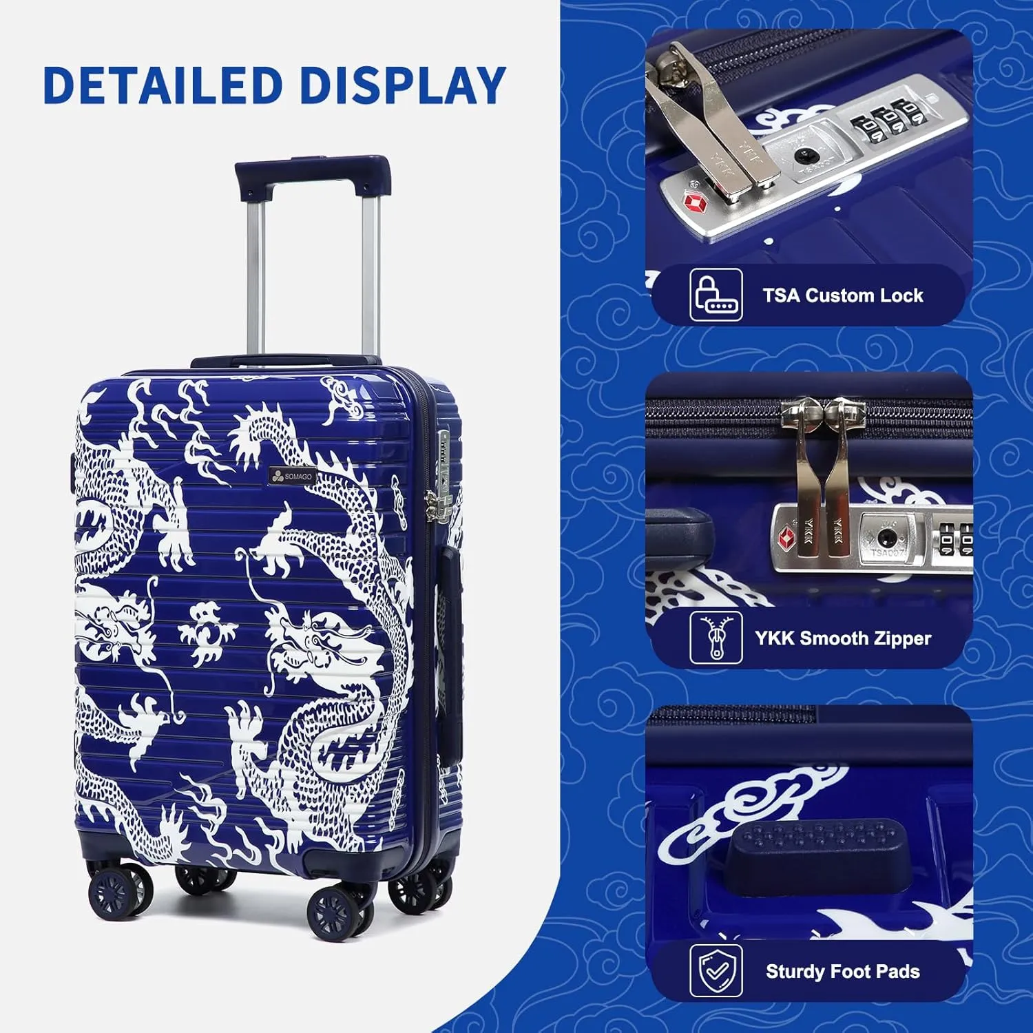 Somago Carry on 2 Piece Luggage Set 20 inch Airline Approved 100% PC Hardside Lightweight Travel Suitcase with Wheels TSA Lock YKK Zippers Loong Cultural Design(14"/20", Loong Navy)