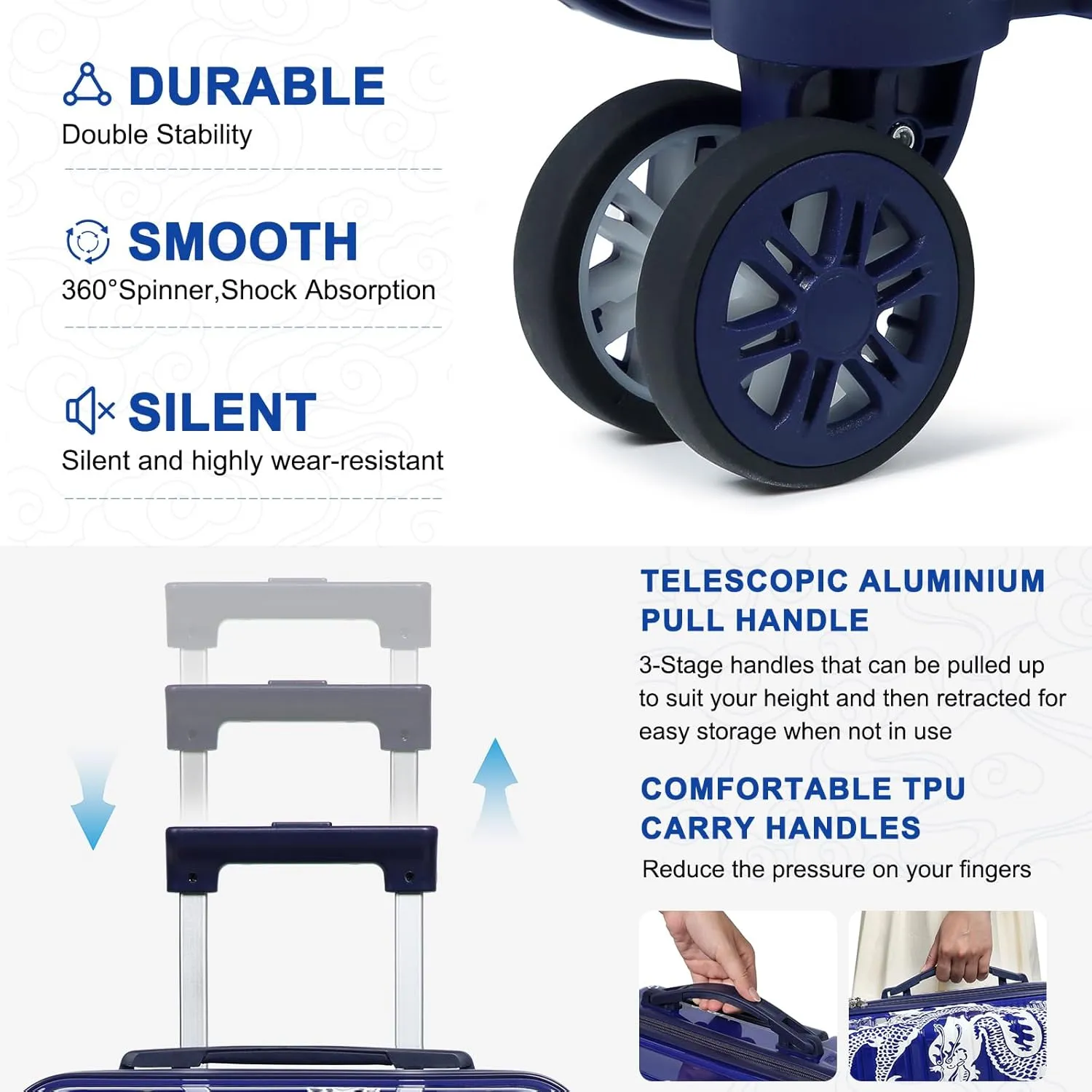 Somago Carry on 2 Piece Luggage Set 20 inch Airline Approved 100% PC Hardside Lightweight Travel Suitcase with Wheels TSA Lock YKK Zippers Loong Cultural Design(14"/20", Loong Navy)