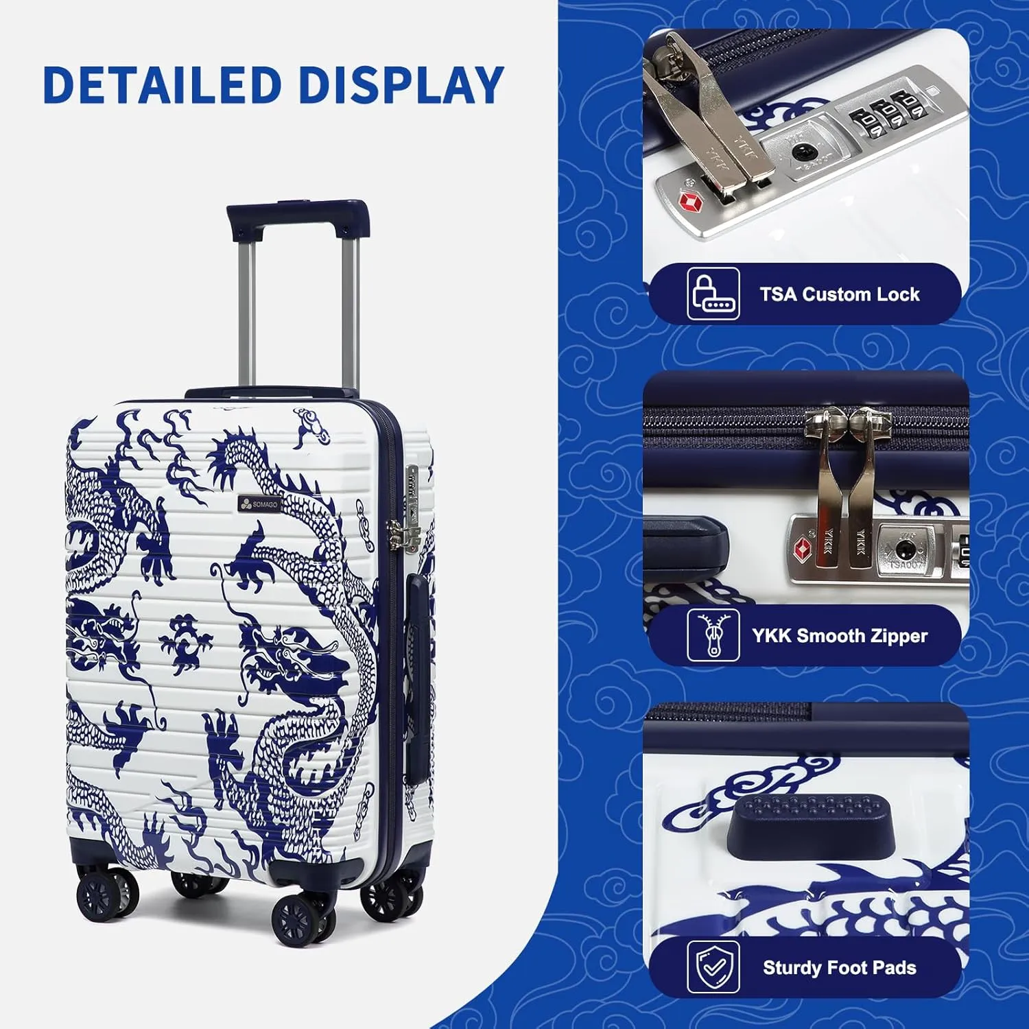 Somago Carry on 2 Piece Luggage Set 20 inch Airline Approved 100% PC Hardside Lightweight Travel Suitcase with Wheels TSA Lock YKK Zippers Loong Cultural Design(14"/20", Loong White)
