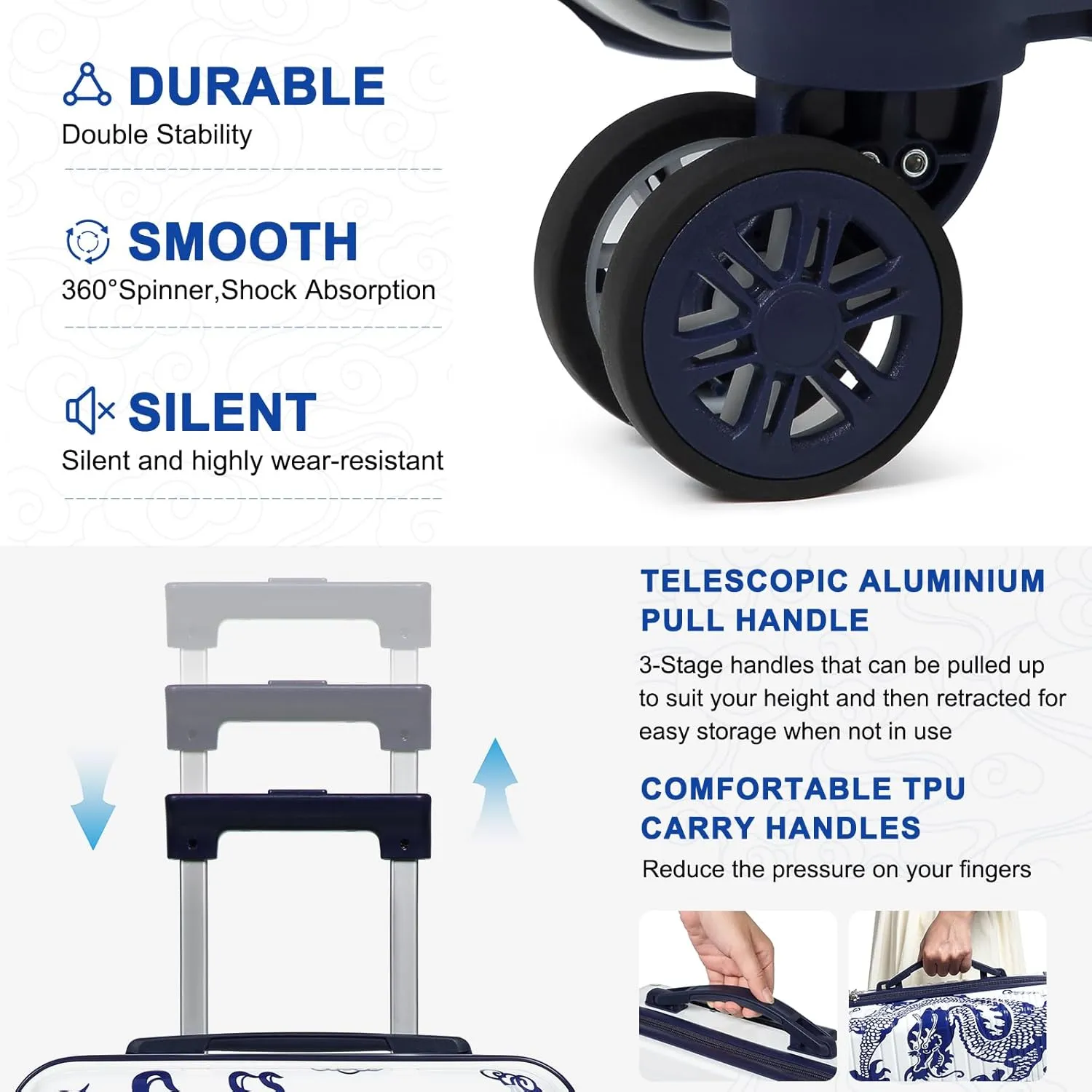 Somago Carry on 2 Piece Luggage Set 20 inch Airline Approved 100% PC Hardside Lightweight Travel Suitcase with Wheels TSA Lock YKK Zippers Loong Cultural Design(14"/20", Loong White)