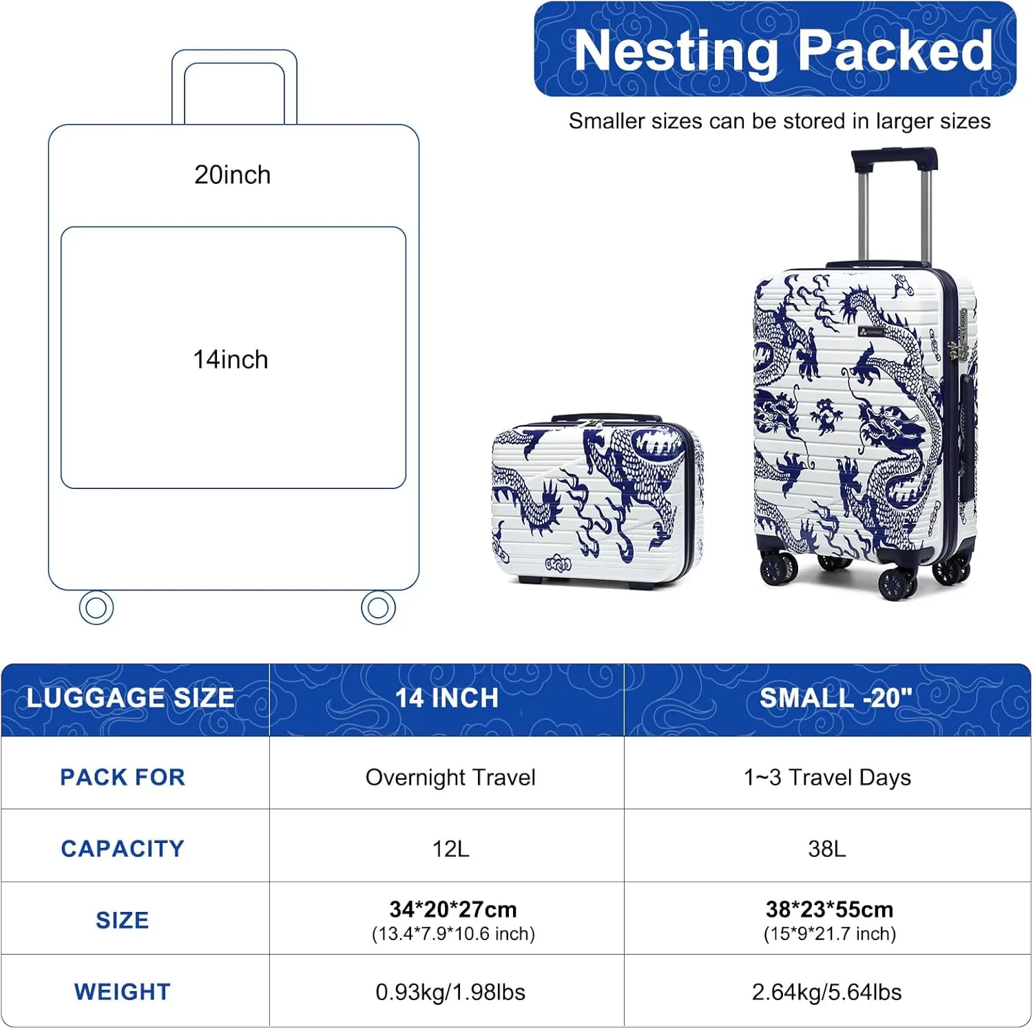 Somago Carry on 2 Piece Luggage Set 20 inch Airline Approved 100% PC Hardside Lightweight Travel Suitcase with Wheels TSA Lock YKK Zippers Loong Cultural Design(14"/20", Loong White)