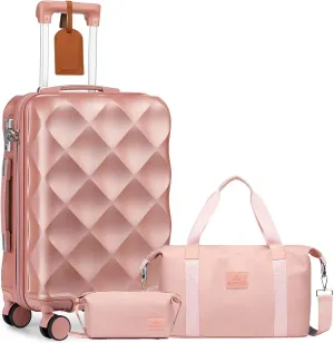 Somago Luggage Sets 20in Carry on Suitcase with TSA Lock YKK Zipper Spinner Wheels ABS Hardside Luggage 3 Piece Weekender Bags Travel Set,Rose Gold