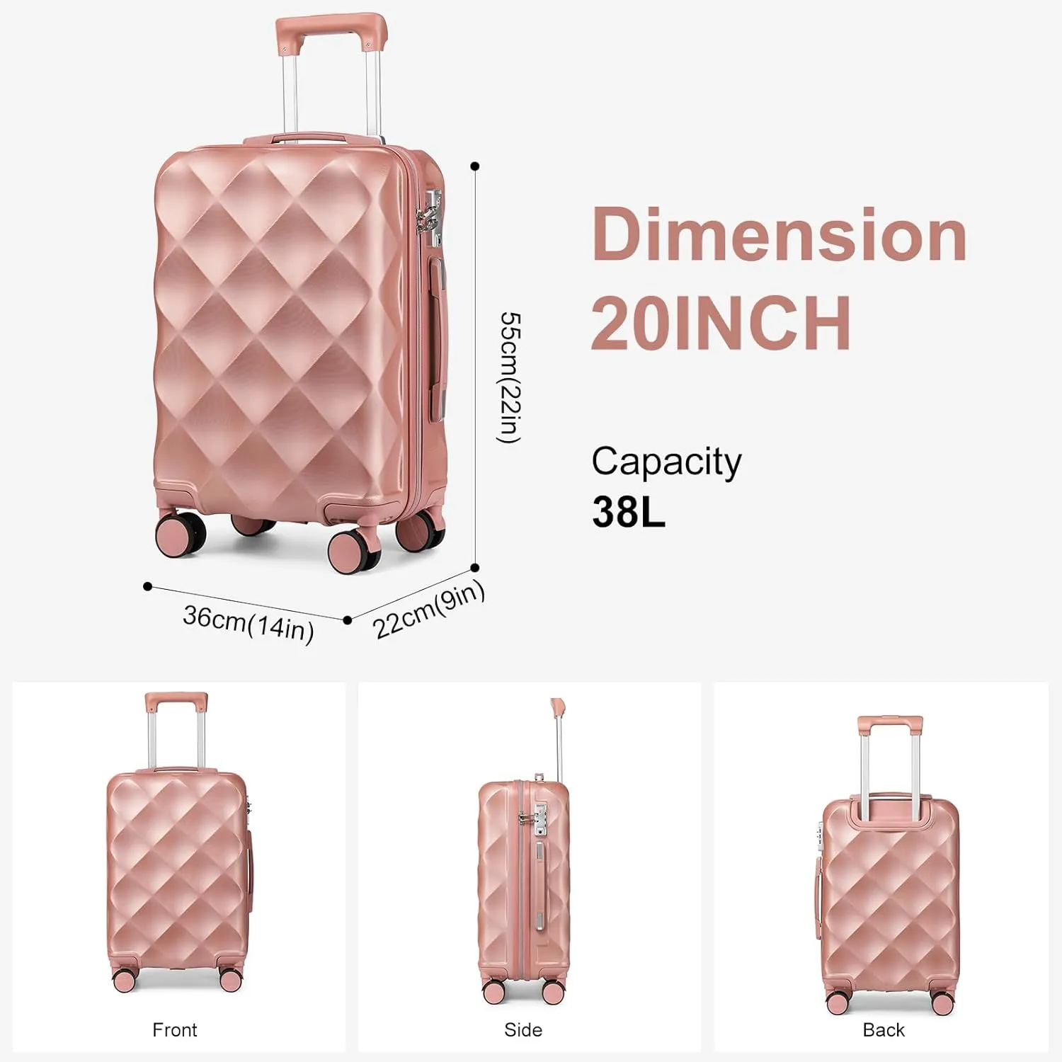 Somago Luggage Sets 20in Carry on Suitcase with TSA Lock YKK Zipper Spinner Wheels ABS Hardside Luggage 3 Piece Weekender Bags Travel Set,Rose Gold