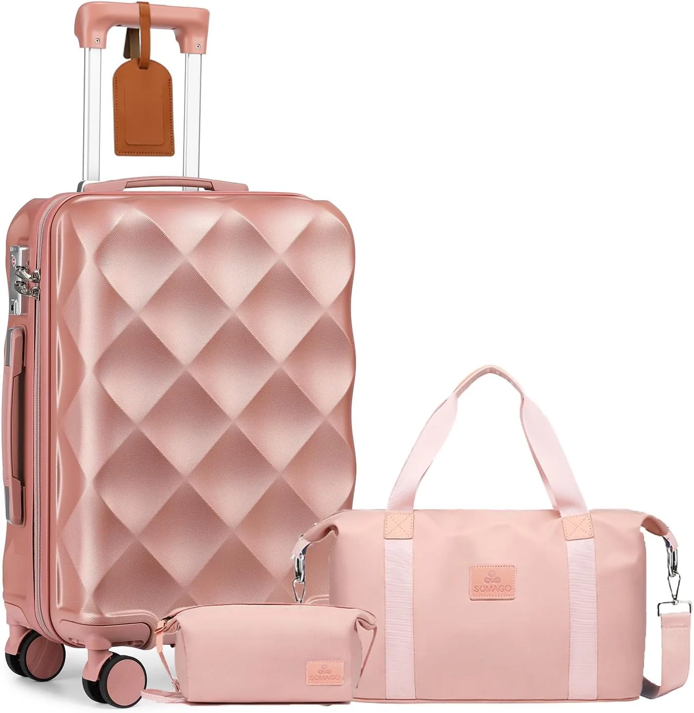 Somago Luggage Sets 20in Carry on Suitcase with TSA Lock YKK Zipper Spinner Wheels ABS Hardside Luggage 3 Piece Weekender Bags Travel Set,Rose Gold