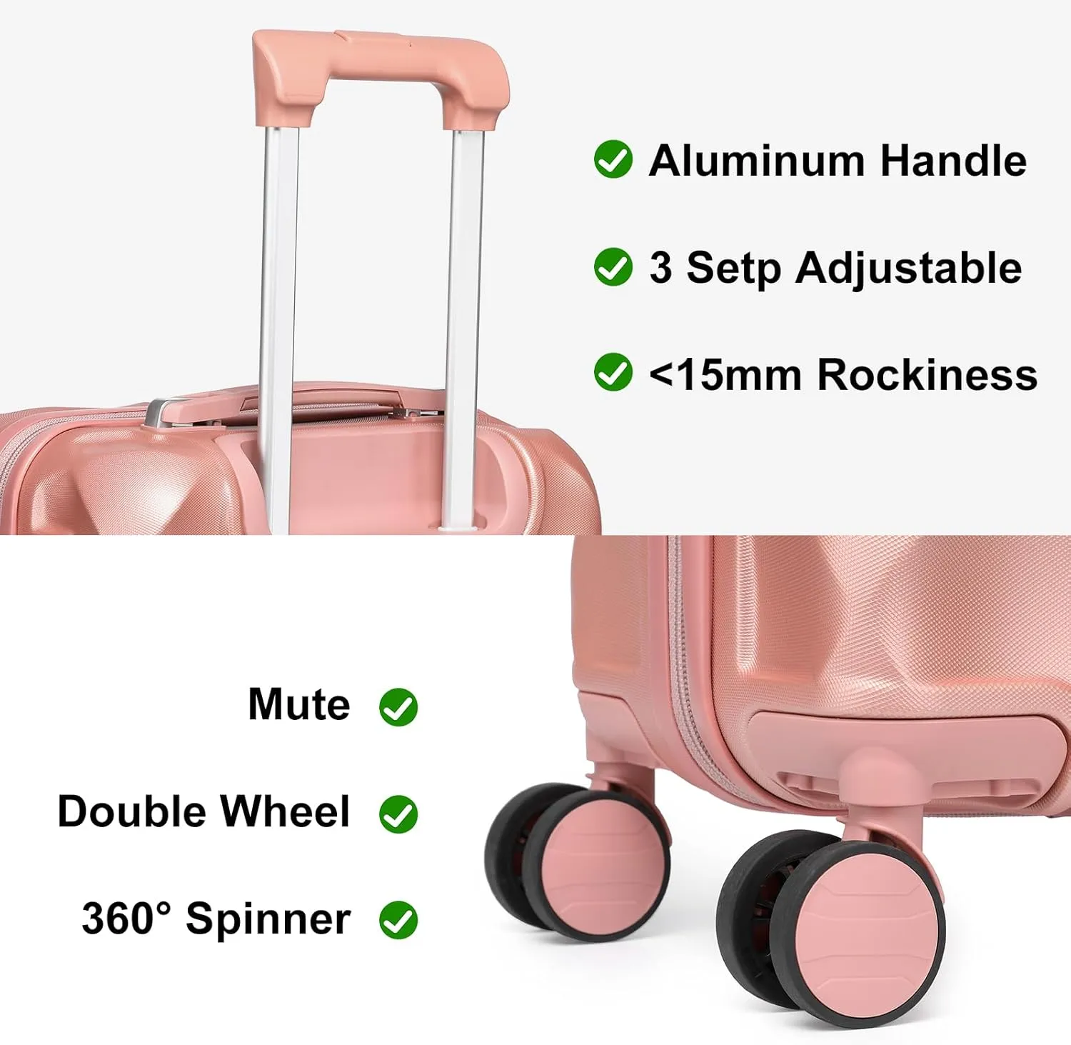 Somago Luggage Sets 20in Carry on Suitcase with TSA Lock YKK Zipper Spinner Wheels ABS Hardside Luggage 3 Piece Weekender Bags Travel Set,Rose Gold