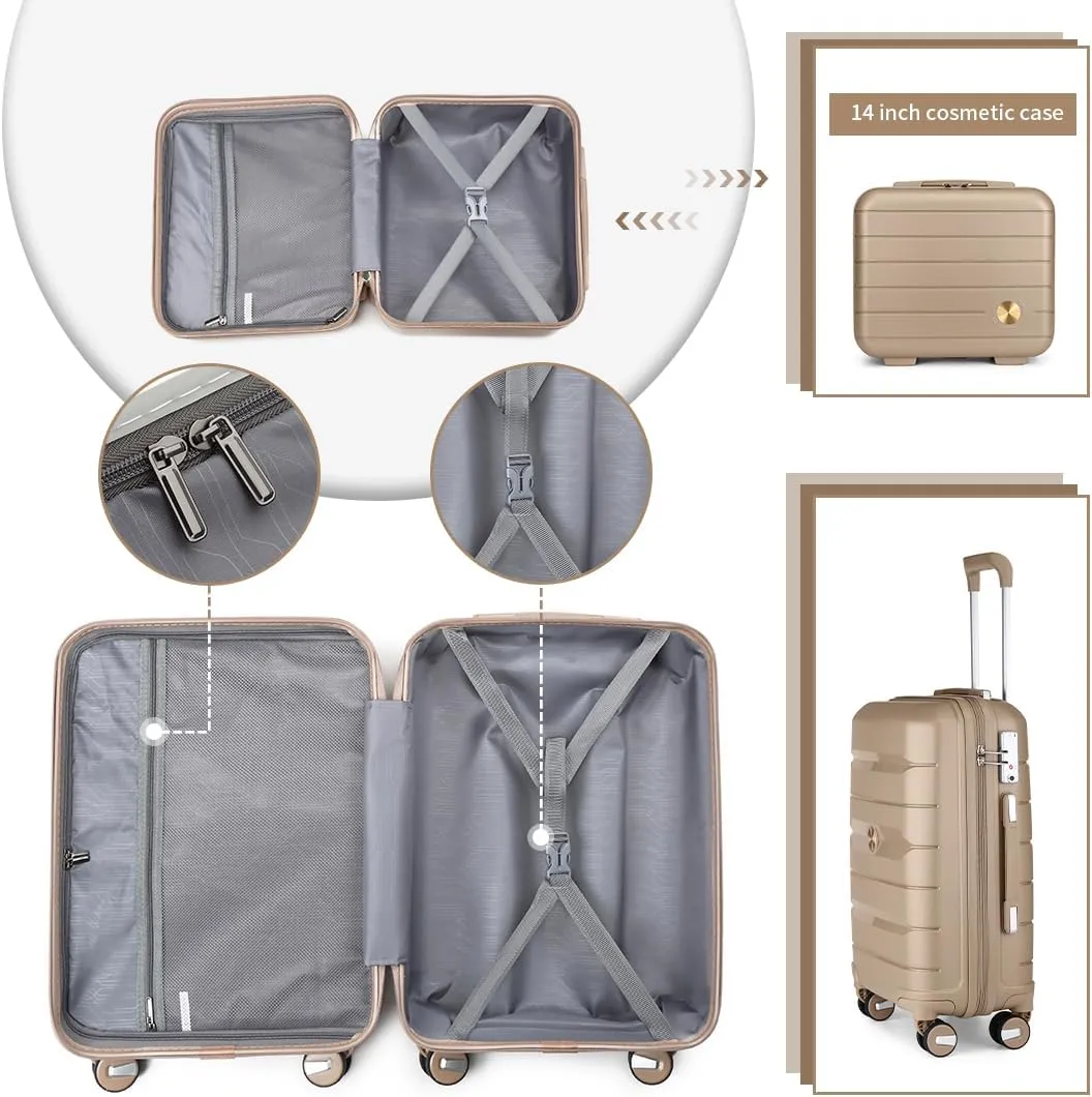 Somago Luggage Sets 4 Piece Lightweight Hardside Polypropylene Travel Suitcases with Double Spinner Wheels and TSA Lock,Noble Golden