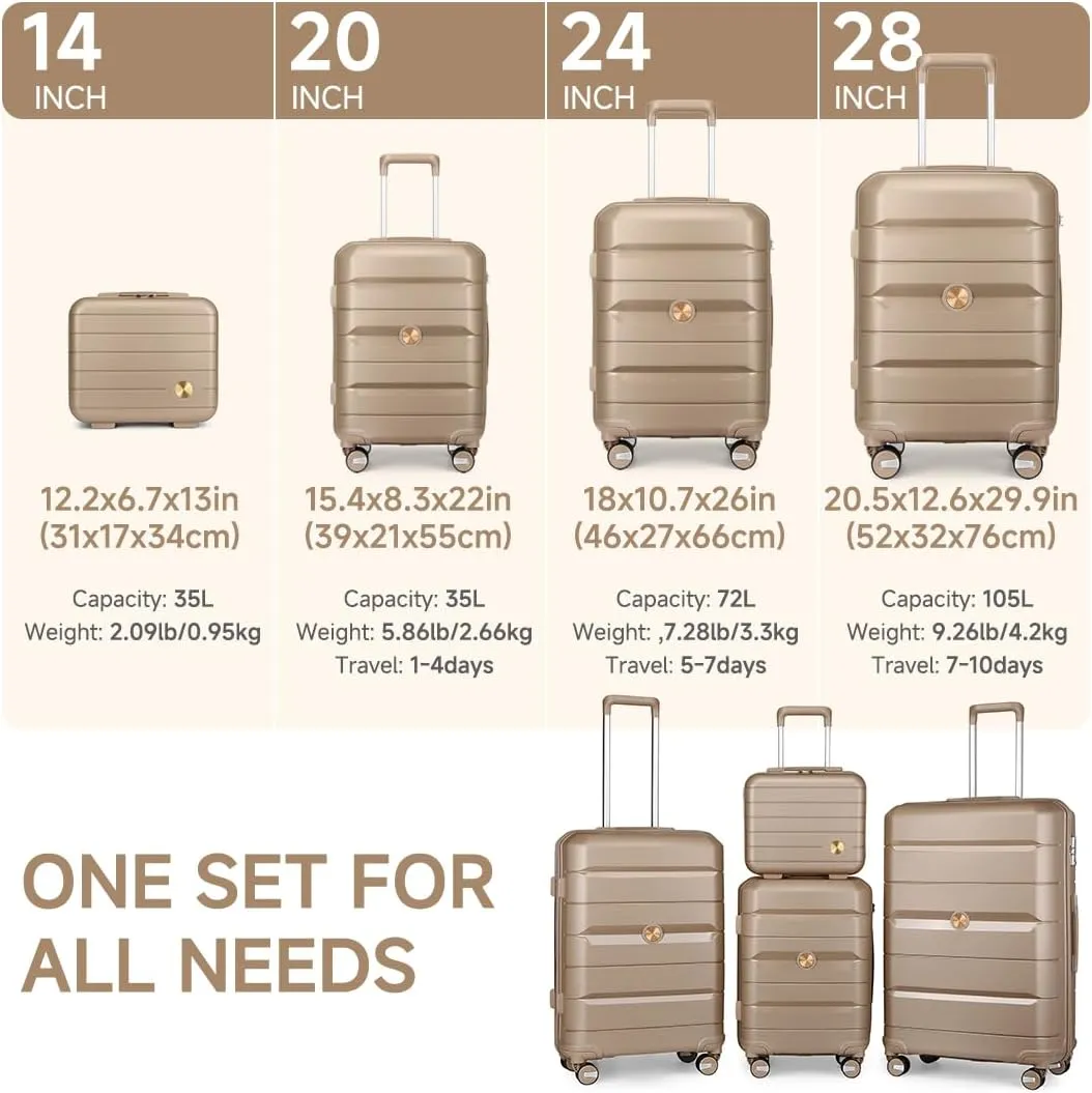Somago Luggage Sets 4 Piece Lightweight Hardside Polypropylene Travel Suitcases with Double Spinner Wheels and TSA Lock,Noble Golden