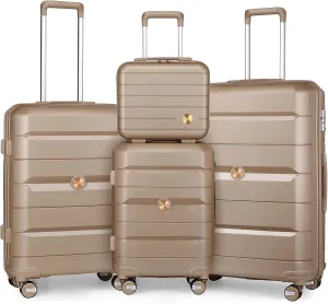 Somago Luggage Sets 4 Piece Lightweight Hardside Polypropylene Travel Suitcases with Double Spinner Wheels and TSA Lock,Noble Golden