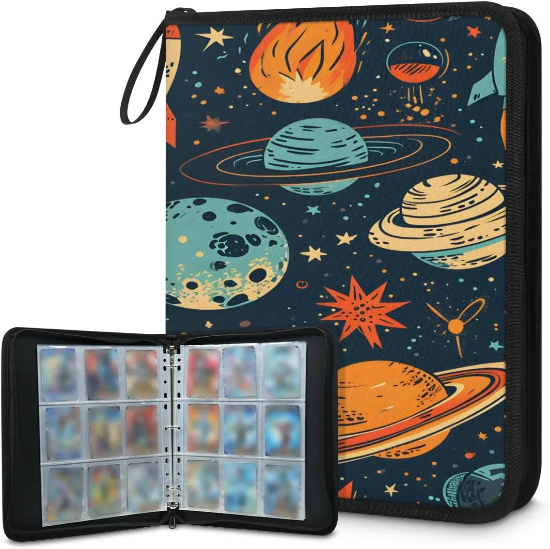 Space Moon 3 Ring Trading Zipper Binder Strap, Trading Card Binder 4 Pocket, 400 Pockets Card Holder with 50 Removable Sleeves for Game Cards