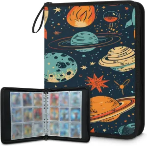 Space Moon 3 Ring Trading Zipper Binder Strap, Trading Card Binder 4 Pocket, 400 Pockets Card Holder with 50 Removable Sleeves for Game Cards