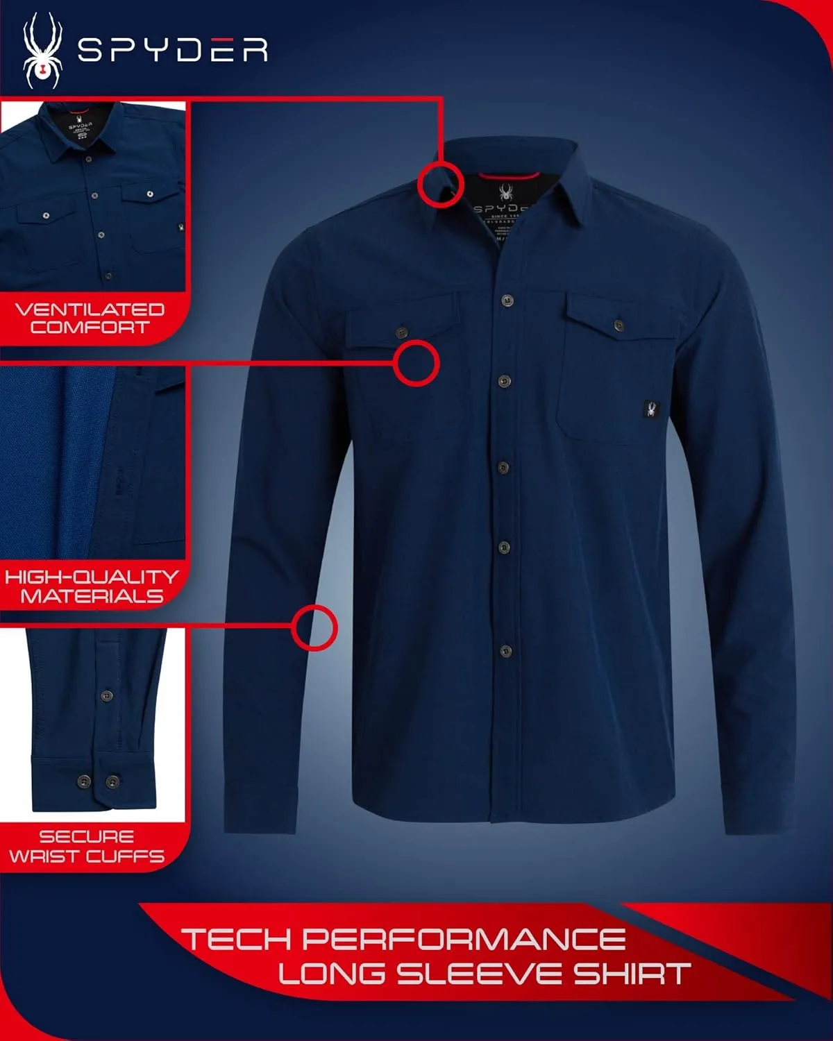 Spyder Mens Long Sleeve Button Down Shirts - Tech Performance Casual Collared Untucked Dress Shirts for Men (Sizes: S-XXL)