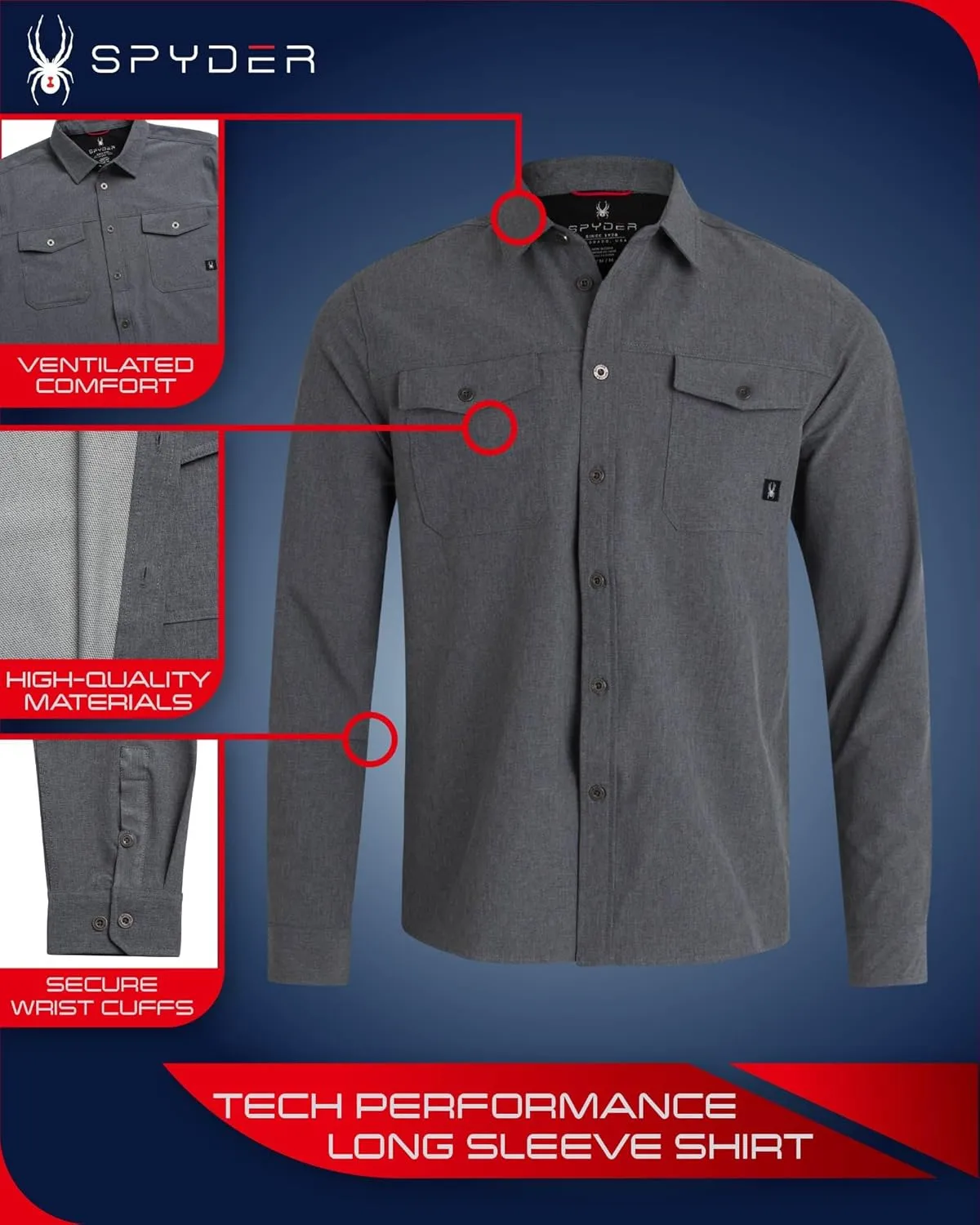 Spyder Mens Long Sleeve Button Down Shirts - Tech Performance Casual Collared Untucked Dress Shirts for Men (Sizes: S-XXL)