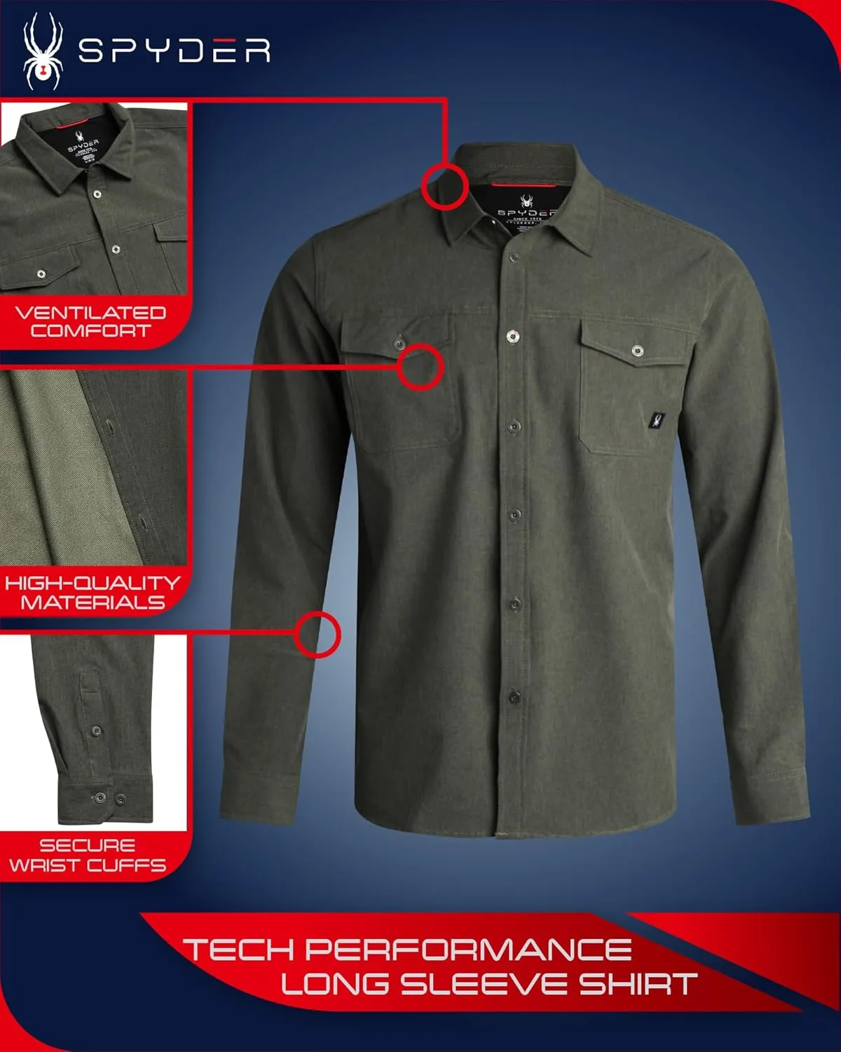 Spyder Mens Long Sleeve Button Down Shirts - Tech Performance Casual Collared Untucked Dress Shirts for Men (Sizes: S-XXL)
