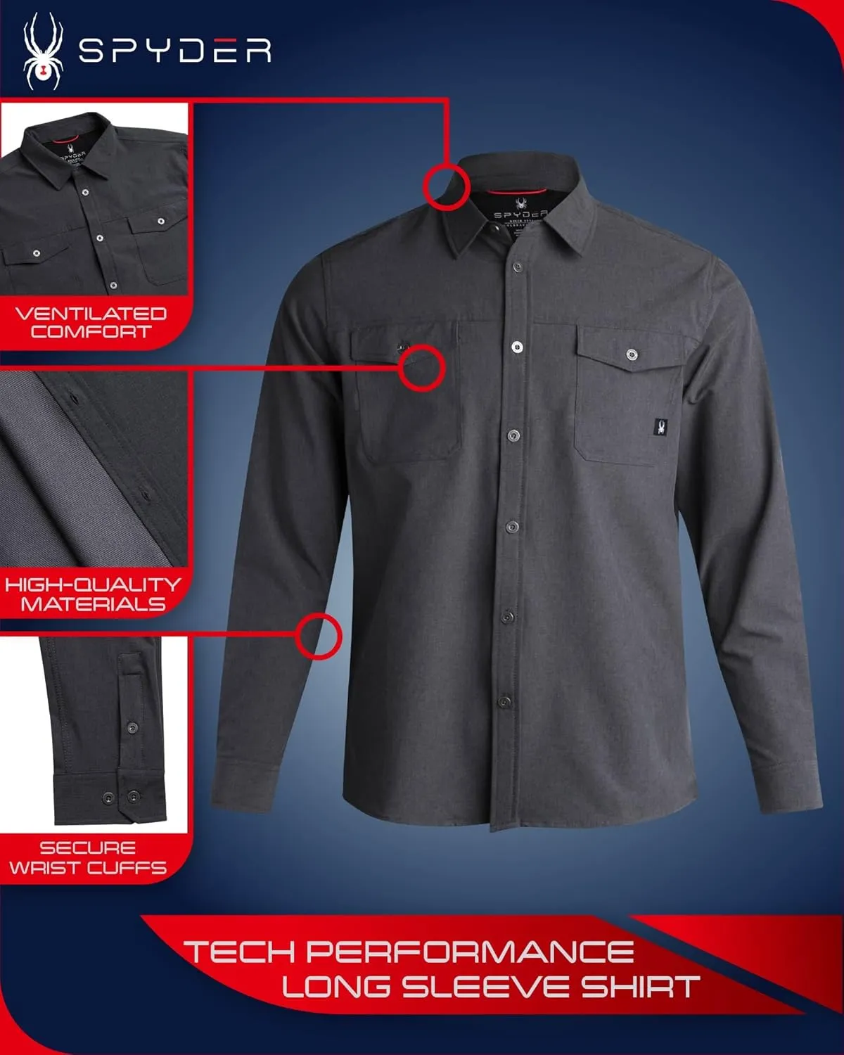 Spyder Mens Long Sleeve Button Down Shirts - Tech Performance Casual Collared Untucked Dress Shirts for Men (Sizes: S-XXL)