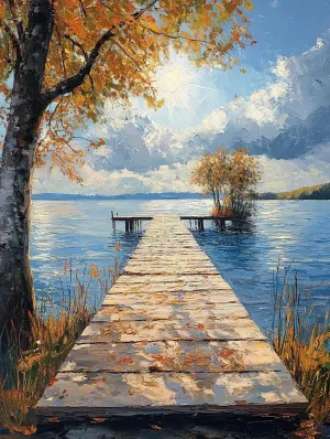 Stamped Cross Stitch Kits, Tranquil Lakeside Fishing pier, Needlepoint Counted Cross Kits for Beginners, Embroidery Kits Arts Home Decor(11CT No Frame,16x20 inch)
