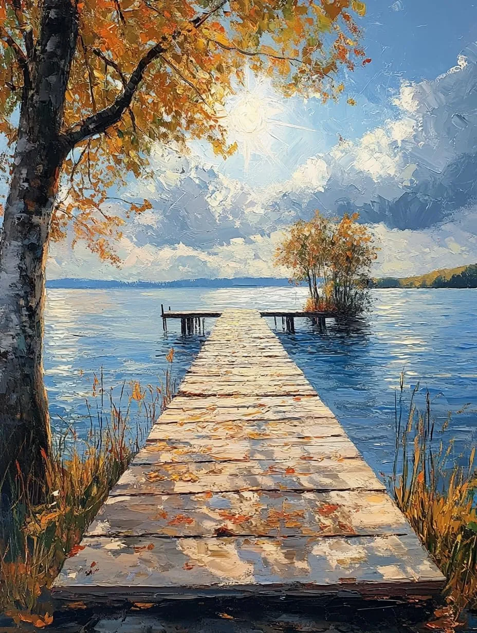 Stamped Cross Stitch Kits, Tranquil Lakeside Fishing pier, Needlepoint Counted Cross Kits for Beginners, Embroidery Kits Arts Home Decor(11CT No Frame,16x20 inch)