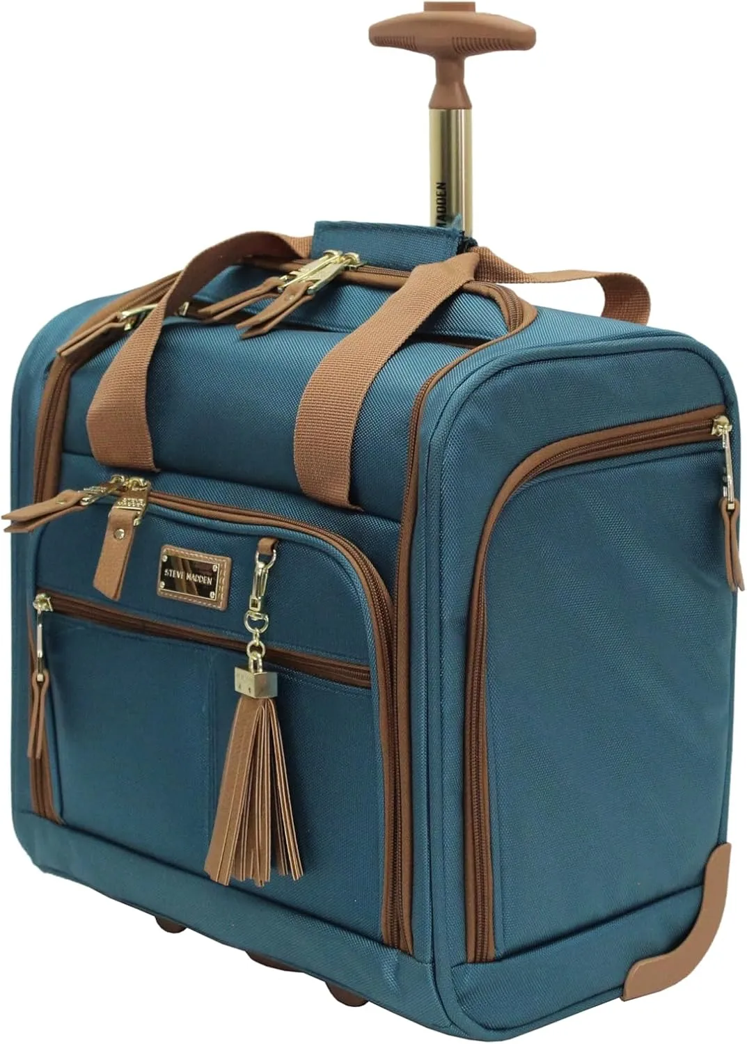 Steve Madden Designer 15 Inch Carry on Suitcase- Small Weekender Overnight Business Travel Luggage- Lightweight 2- Rolling Spinner Wheels Under Seat Bag for Women (Harlo Teal Blue)