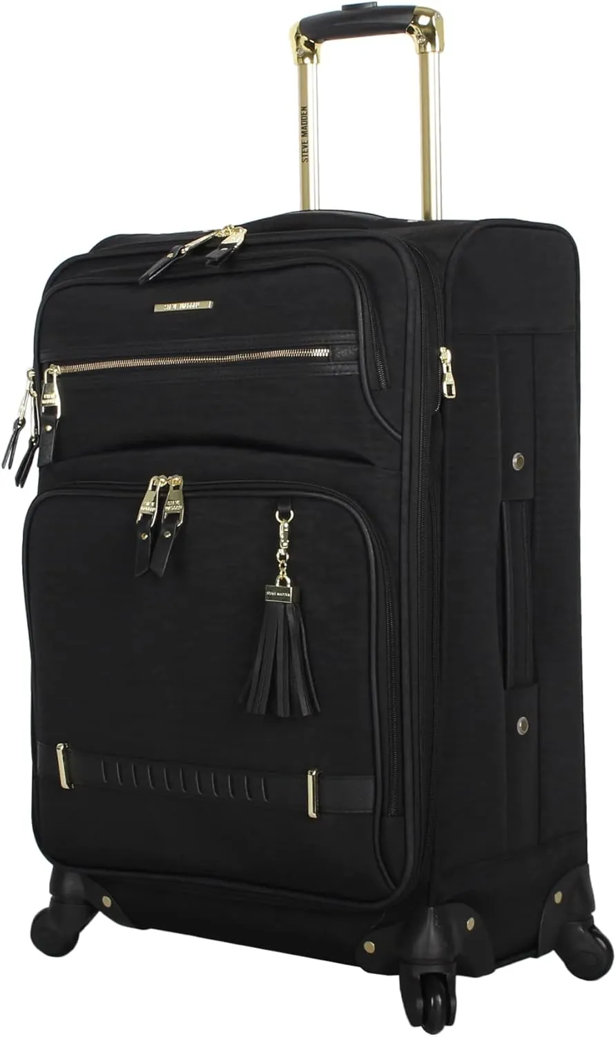 Steve Madden Designer Luggage Collection - 3 Piece Softside Expandable Lightweight Spinner Suitcase Set - Travel Set includes 20 Inch Carry on, 24 Inch & 28-Inch Checked Suitcases (Black Grey)