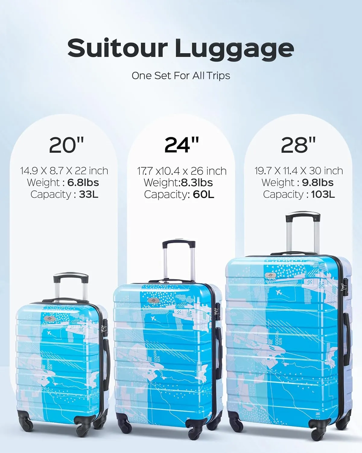 Suitour Luggage Sets 3 Piece Hardside Suitcase set with Spinner Wheels,Durable Lightweight Luggage with TSA Lock for Travel(20in/24in/28in)