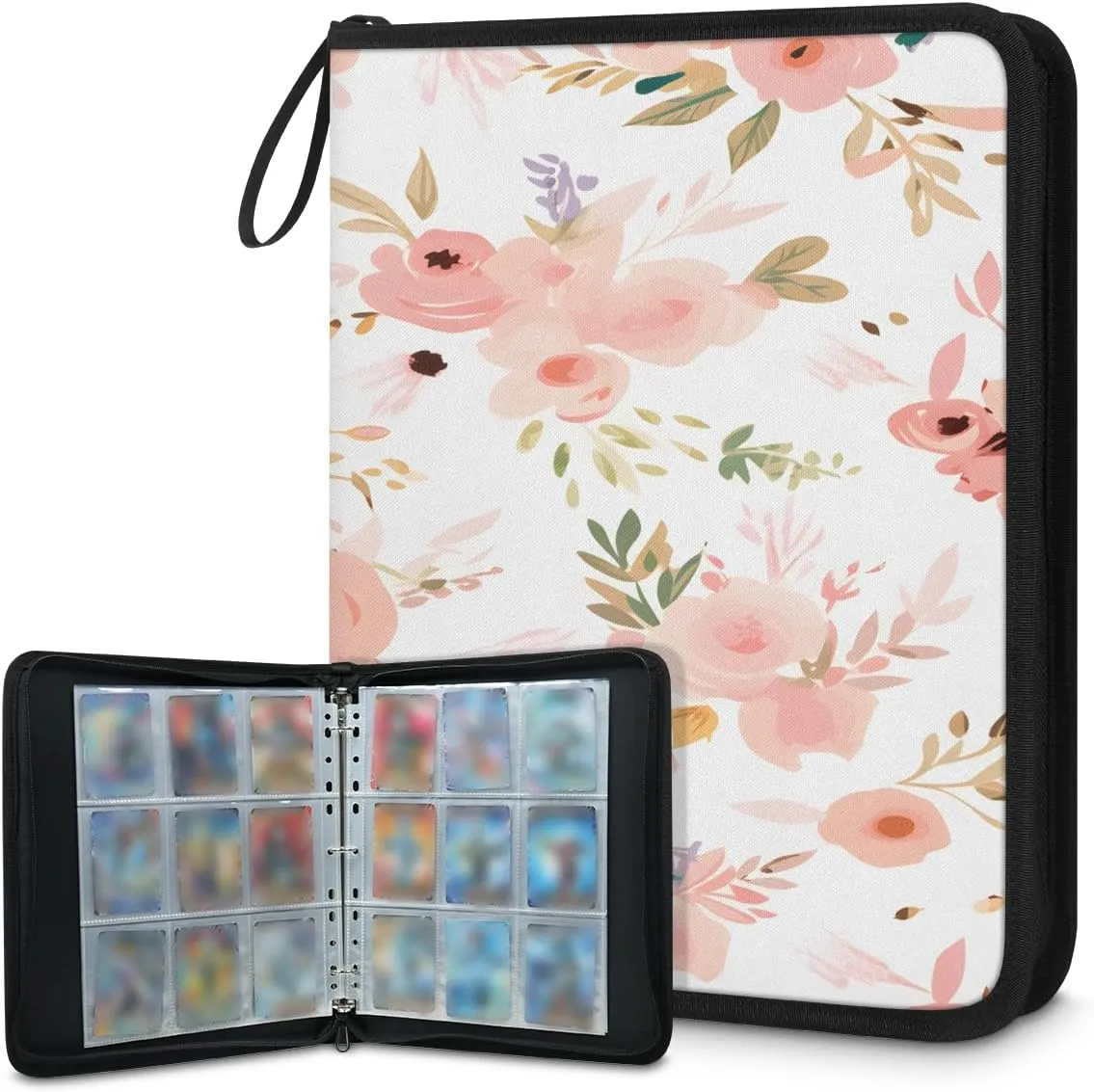 Summer Flower 3 Ring Trading Zipper Binder Strap, Trading Card Binder 4 Pocket, 400 Pockets Card Holder with 50 Removable Sleeves for Game Cards