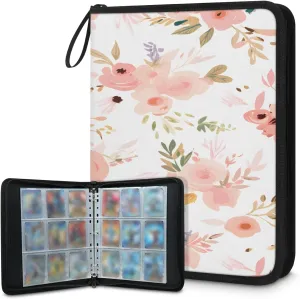 Summer Flower 3 Ring Trading Zipper Binder Strap, Trading Card Binder 4 Pocket, 400 Pockets Card Holder with 50 Removable Sleeves for Game Cards