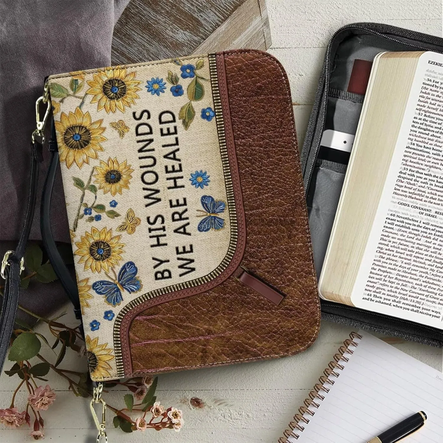 Sunflower Butterfly Pattern Bible Case by His Wounds We are Healed Bible Cover Case Large Capacity Crossbody Shoulder Bag Protective Church Organizer Holder Bag, 2XL