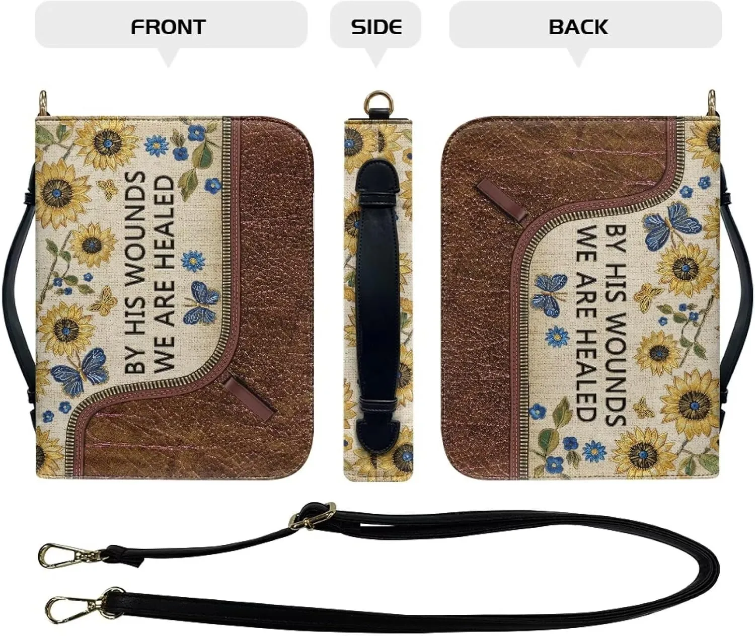 Sunflower Butterfly Pattern Bible Case by His Wounds We are Healed Bible Cover Case Large Capacity Crossbody Shoulder Bag Protective Church Organizer Holder Bag, 2XL