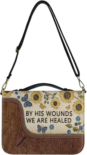 Sunflower Butterfly Pattern Bible Case by His Wounds We are Healed Bible Cover Case Large Capacity Crossbody Shoulder Bag Protective Church Organizer Holder Bag, 2XL
