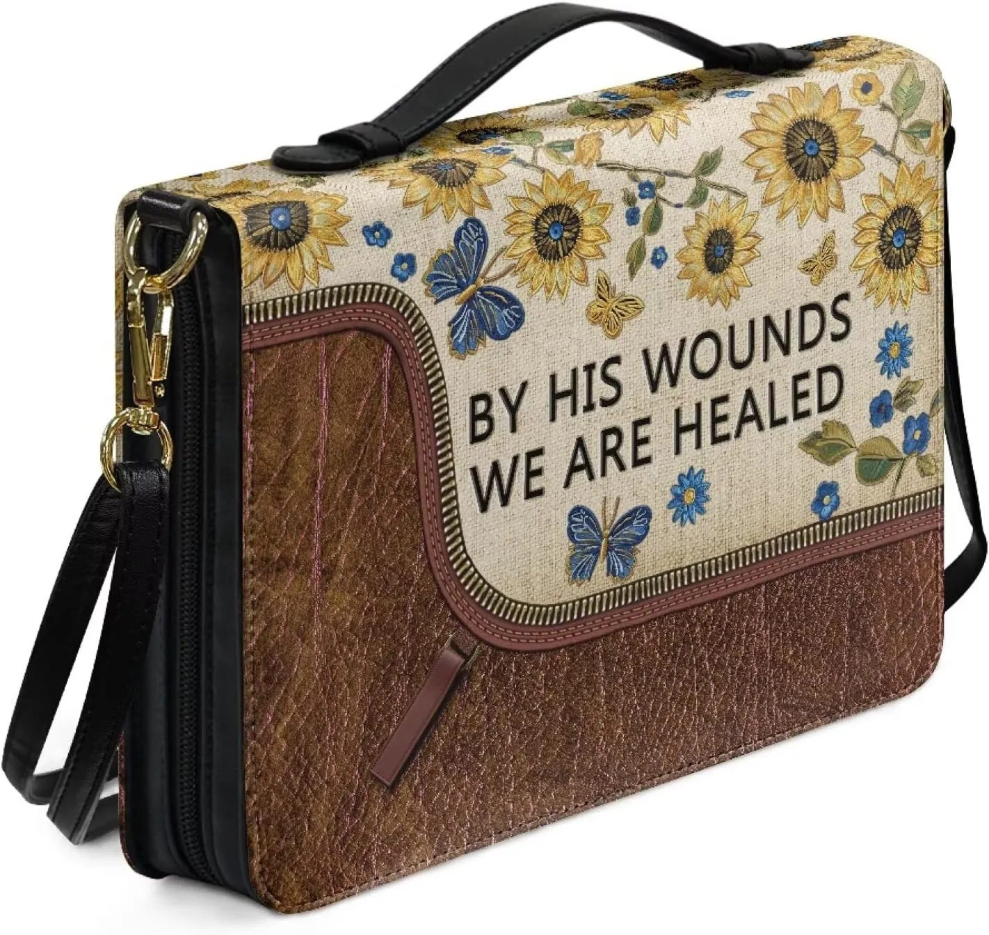 Sunflower Butterfly Pattern Bible Case by His Wounds We are Healed Bible Cover Case Large Capacity Crossbody Shoulder Bag Protective Church Organizer Holder Bag, 2XL