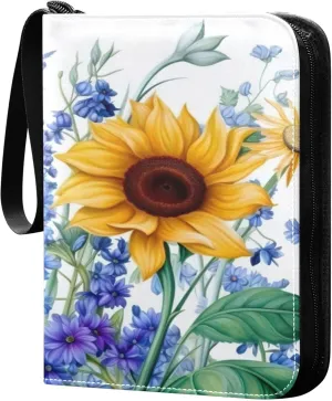 Sunflowers Bluebells Card Binder 4 Pocket Collectible Trading Card Albums with 50 Sleeves Double Side PU Waterproof 3 Ring for Sports & Game Cards