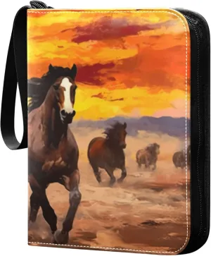 Sunset Horses Running Card Binder 4 Pocket Collectible Trading Card Albums with 50 Sleeves Double Side PU Waterproof 3 Ring for Sports & Game Cards