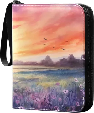 Sunset in A Purple Field Card Binder 4 Pocket Collectible Trading Card Albums with 50 Sleeves Double Side PU Waterproof 3 Ring for Sports & Game Cards