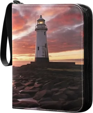 Sunset Lighthouse Card Binder 4 Pocket Collectible Trading Card Albums with 50 Sleeves Double Side PU Waterproof 3 Ring for Sports & Game Cards