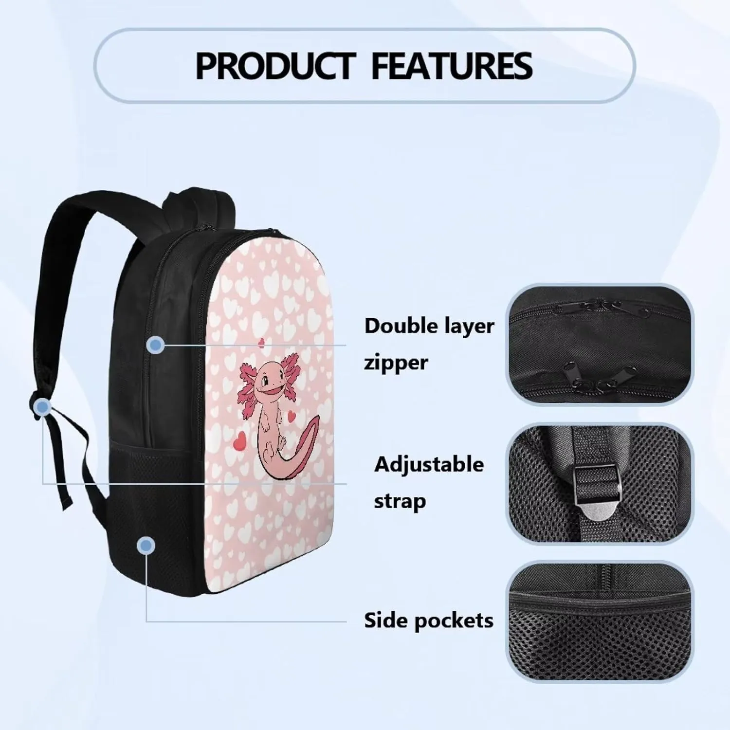 Suobstales Axolotl Heart Pattern Laptop Backpack Middle School Backpacks for Boys Girls Travel Casual Daypack Rucksack Lightweight Knapsack with Padded Straps and Side Pockets