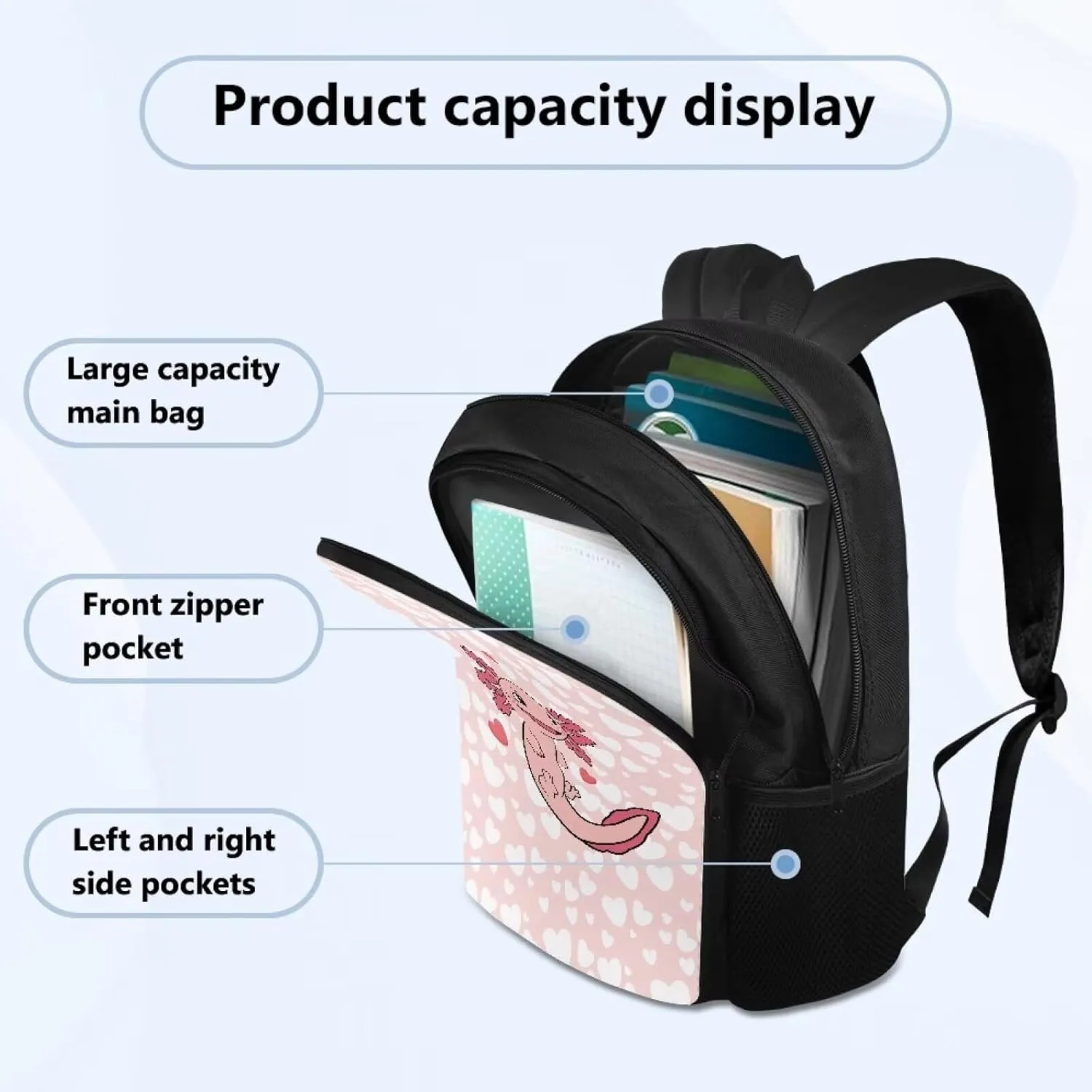 Suobstales Axolotl Heart Pattern Laptop Backpack Middle School Backpacks for Boys Girls Travel Casual Daypack Rucksack Lightweight Knapsack with Padded Straps and Side Pockets