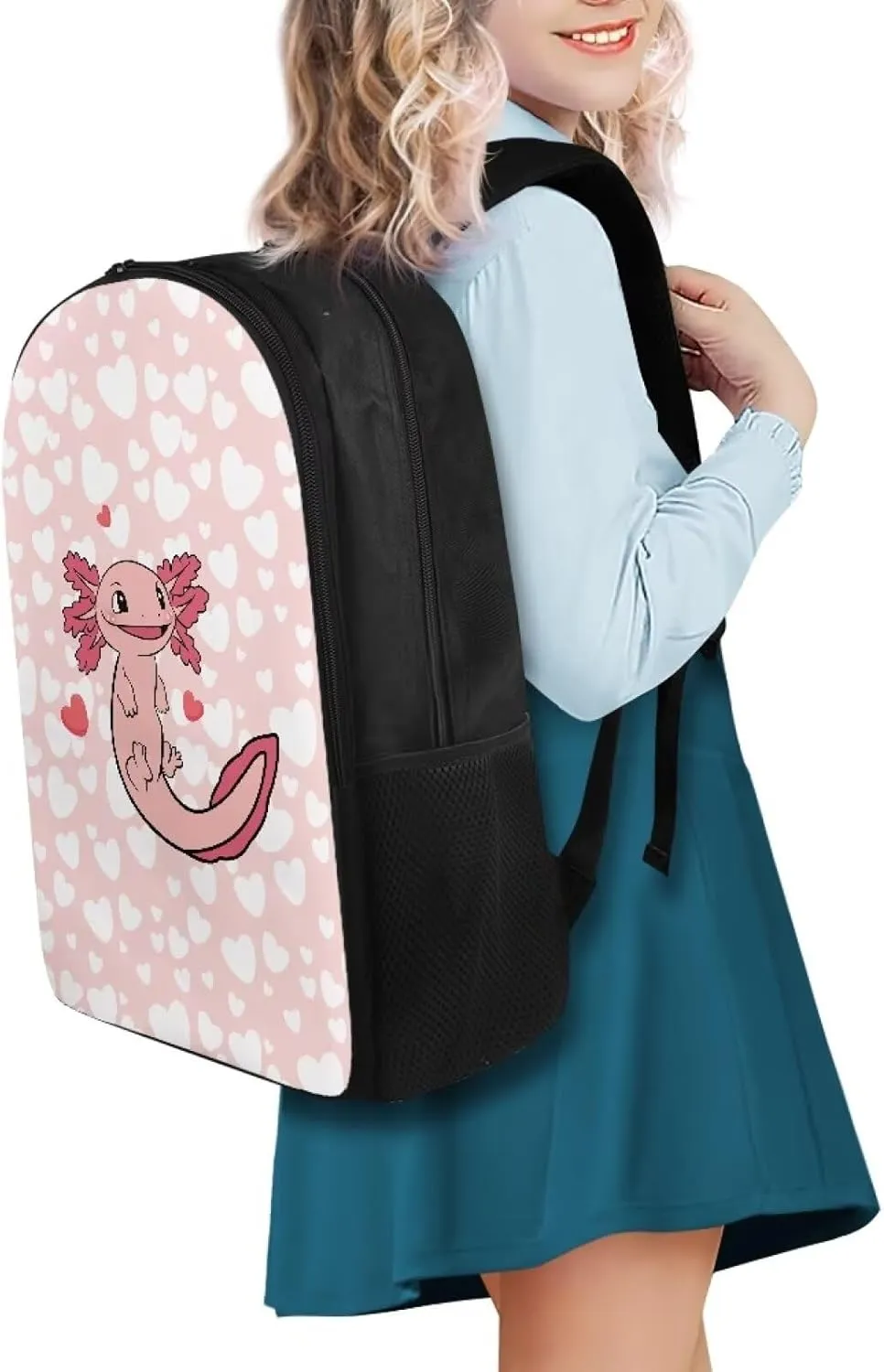 Suobstales Axolotl Heart Pattern Laptop Backpack Middle School Backpacks for Boys Girls Travel Casual Daypack Rucksack Lightweight Knapsack with Padded Straps and Side Pockets