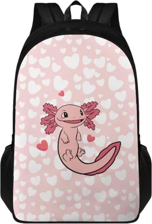 Suobstales Axolotl Heart Pattern Laptop Backpack Middle School Backpacks for Boys Girls Travel Casual Daypack Rucksack Lightweight Knapsack with Padded Straps and Side Pockets
