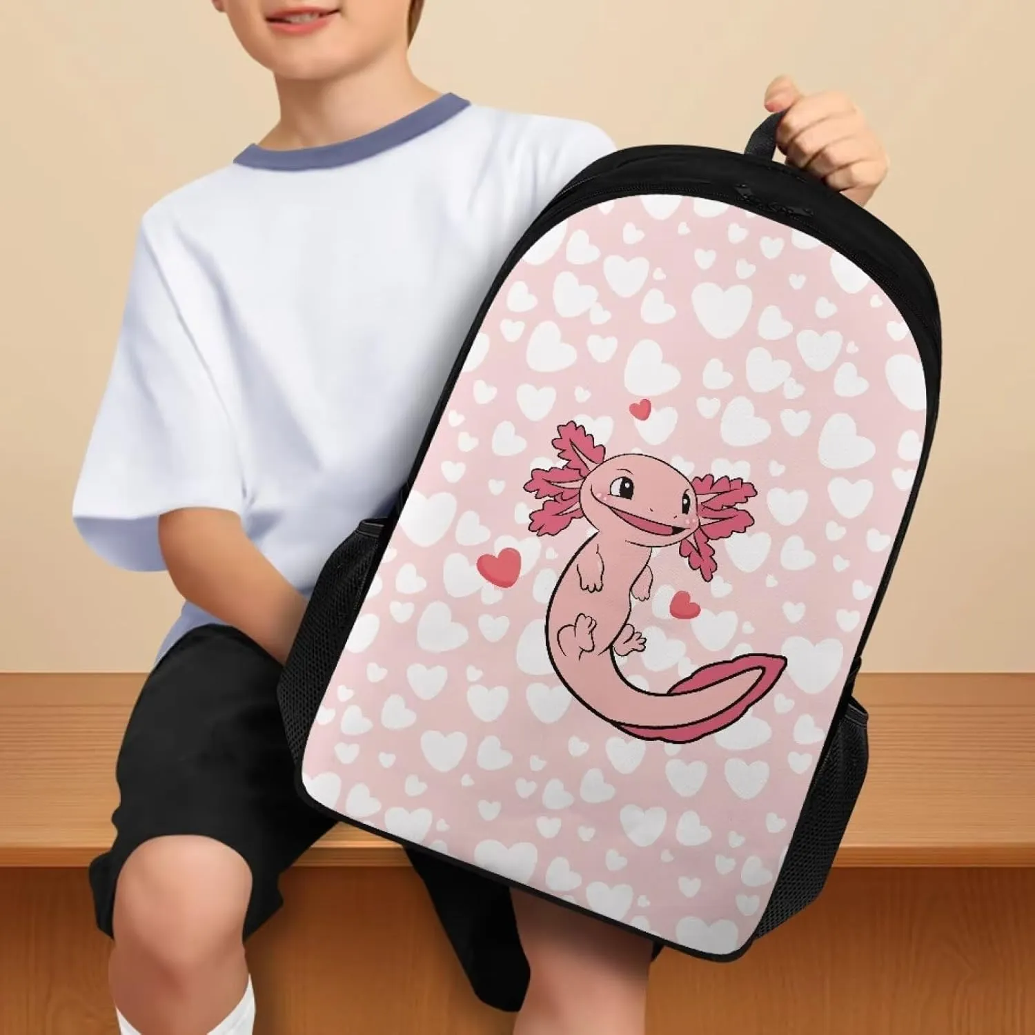 Suobstales Axolotl Heart Pattern Laptop Backpack Middle School Backpacks for Boys Girls Travel Casual Daypack Rucksack Lightweight Knapsack with Padded Straps and Side Pockets