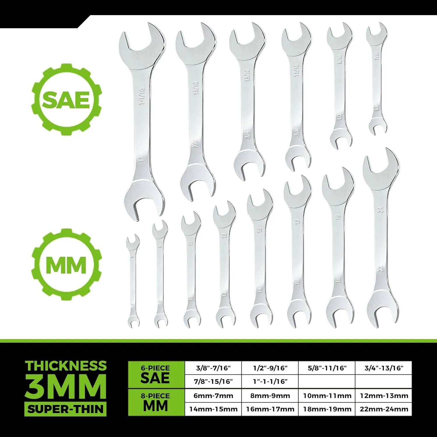 Super-Thin Open End Wrench Set, 14-Piece SAE & Metric Sizes, 6mm to 24mm, 3/8" to 1-1/16", Ultra-Slim Wrench Set with Mechanic Rolling Pouch