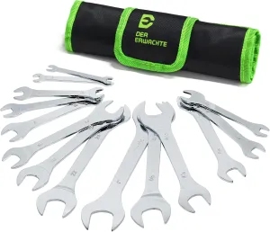 Super-Thin Open End Wrench Set, 14-Piece SAE & Metric Sizes, 6mm to 24mm, 3/8" to 1-1/16", Ultra-Slim Wrench Set with Mechanic Rolling Pouch