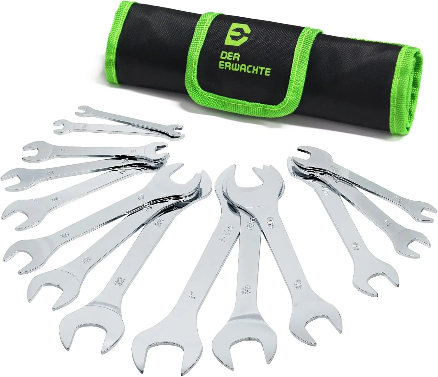 Super-Thin Open End Wrench Set, 14-Piece SAE & Metric Sizes, 6mm to 24mm, 3/8" to 1-1/16", Ultra-Slim Wrench Set with Mechanic Rolling Pouch