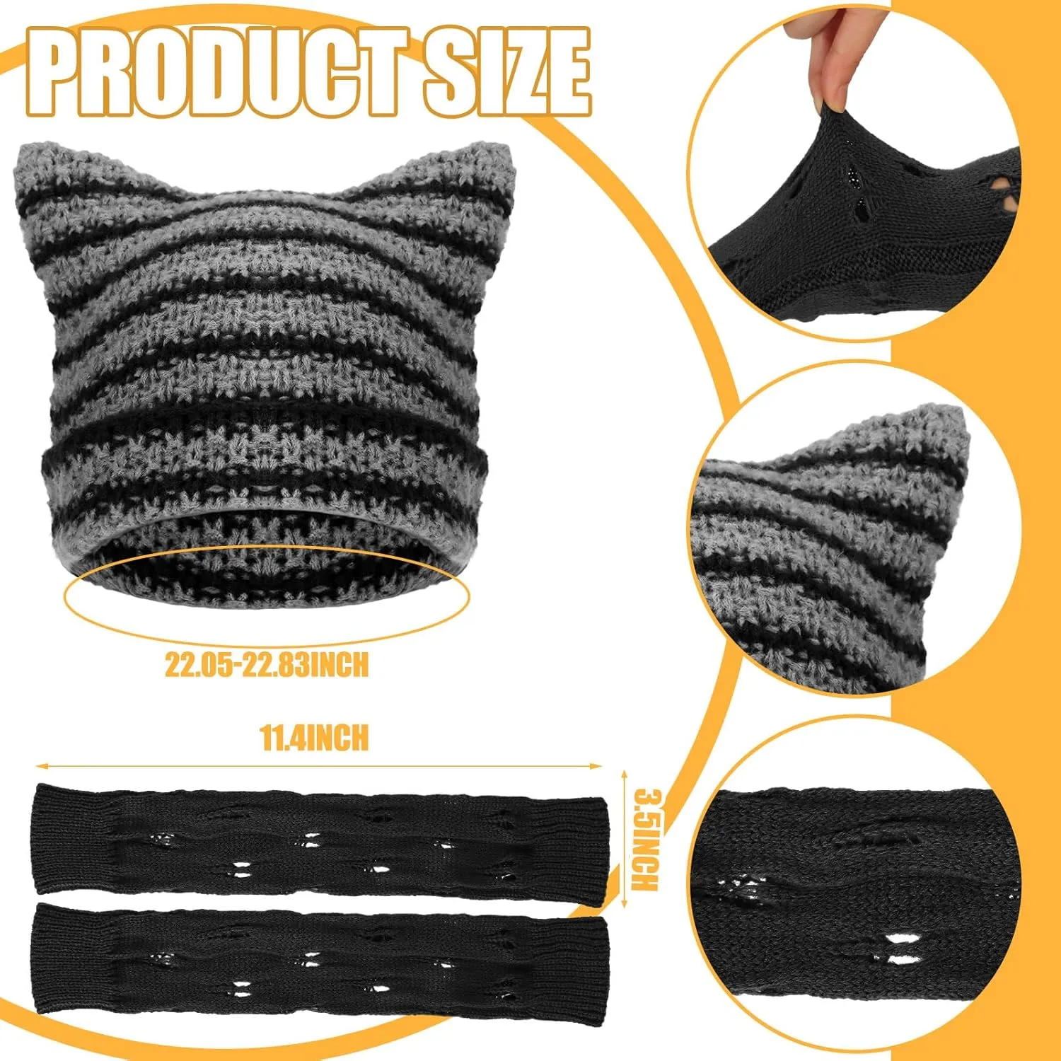 Sureio 25 Pcs Y2k Grunge Knitted Cat Beanie with Fairy Grunge Ripped Gloves Earrings Necklace Rings Monster Horn Accessories(Black)